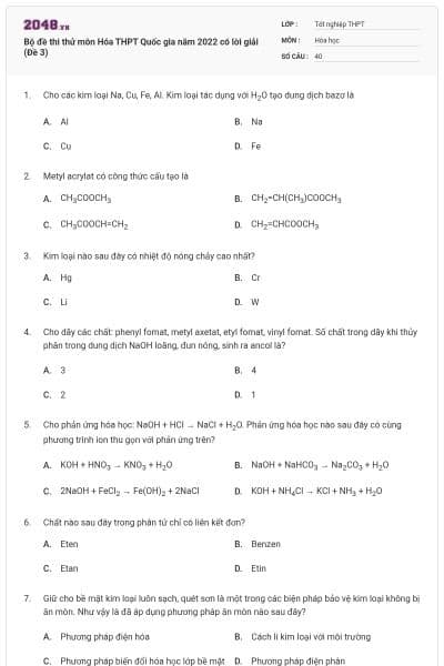 Bộ đề thi thử môn Hóa THPT Quốc gia năm 2022 có lời giải (Đề 3)