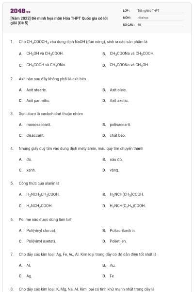[Năm 2022] Đề minh họa môn Hóa THPT Quốc gia có lời giải (Đề 5)