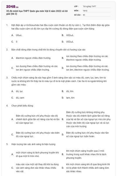 35 đề minh họa THPT Quốc gia môn Vật lí năm 2022 có lời giải (Đề 3)