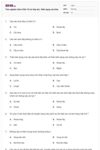 Trắc nghiệm Sinh 6 Bài 18 (có đáp án) : Biến dạng của thân