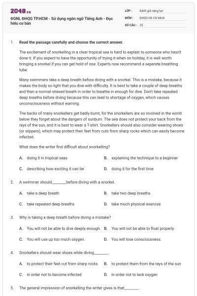 ĐGNL ĐHQG TP.HCM - Sử dụng ngôn ngữ Tiếng Anh - Đọc hiểu cơ bản