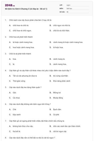 Đề kiểm tra Sinh 6 Chương 3 (có đáp án - Đề số 1)