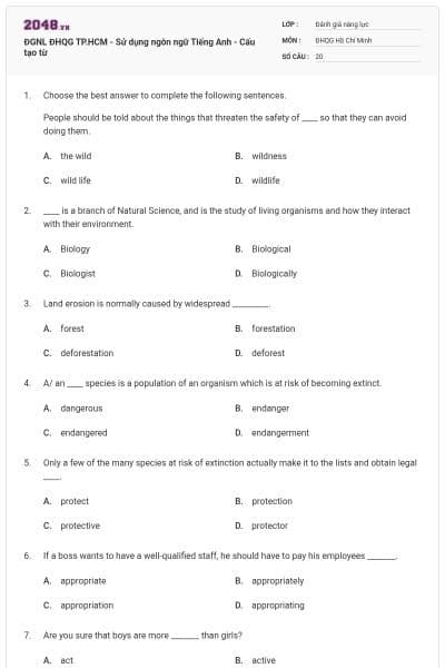 ĐGNL ĐHQG TP.HCM - Sử dụng ngôn ngữ Tiếng Anh - Cấu tạo từ