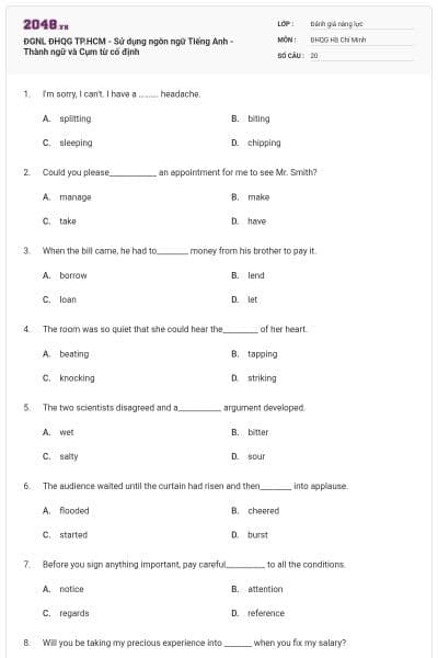 ĐGNL ĐHQG TP.HCM - Sử dụng ngôn ngữ Tiếng Anh - Thành ngữ và Cụm từ cố định