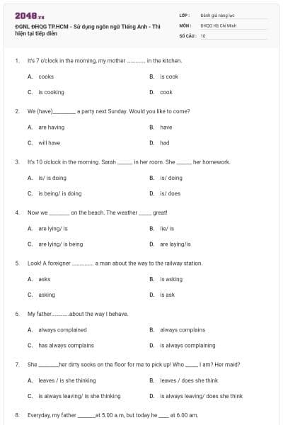 ĐGNL ĐHQG TP.HCM - Sử dụng ngôn ngữ Tiếng Anh - Thì hiện tại tiếp diễn