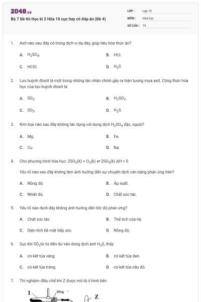 Bộ 7 Đề thi Học kì 2 Hóa 10 cực hay có đáp án (Đề 4)