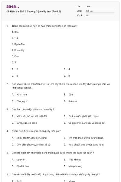 Đề kiểm tra Sinh 6 Chương 3 (có đáp án - Đề số 2)