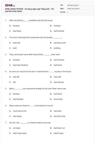 ĐGNL ĐHQG TP.HCM - Sử dụng ngôn ngữ Tiếng Anh - Thì quá khứ hoàn thành