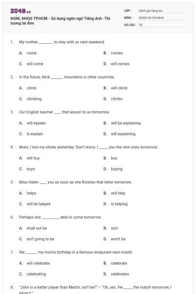 ĐGNL ĐHQG TP.HCM - Sử dụng ngôn ngữ Tiếng Anh -Thì tương lai đơn