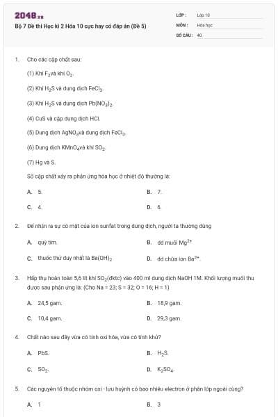 Bộ 7 Đề thi Học kì 2 Hóa 10 cực hay có đáp án (Đề 5)