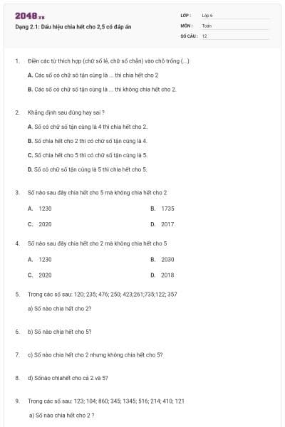 Dạng 2.1: Dấu hiệu chia hết cho 2,5 có đáp án