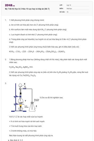 Bộ 7 Đề thi Học kì 2 Hóa 10 cực hay có đáp án (Đề 7)