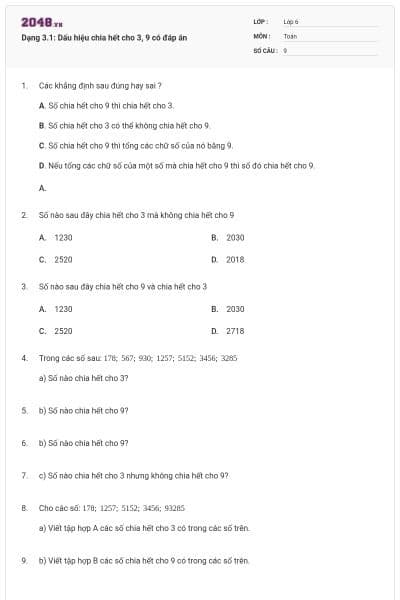 Dạng 3.1: Dấu hiệu chia hết cho 3, 9 có đáp án