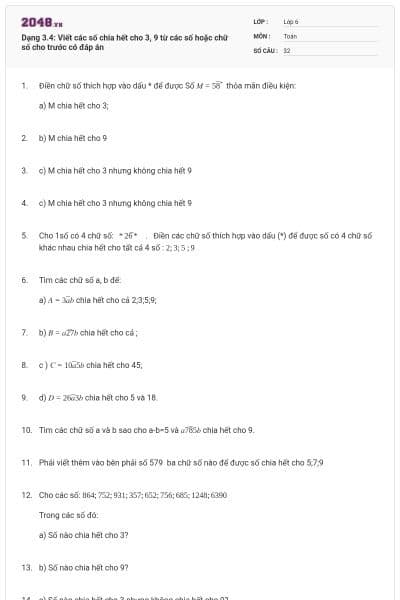 Dạng 3.4: Viết các số chia hết cho 3, 9 từ các số hoặc chữ số cho trước có đáp án