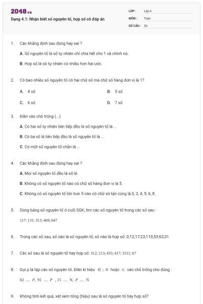Dạng 4.1: Nhận biết số nguyên tố, hợp số có đáp án