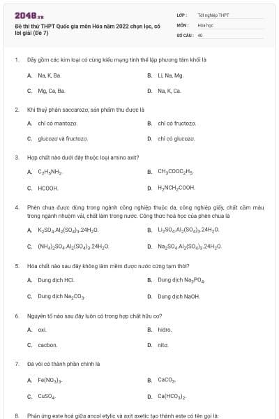 Đề thi thử THPT Quốc gia môn Hóa năm 2022 chọn lọc, có lời giải (Đề 7)