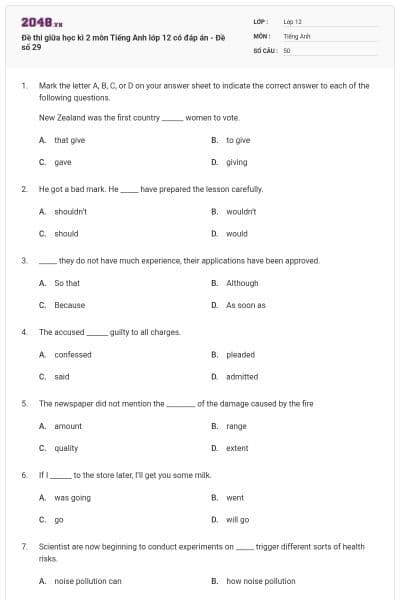 Đề thi giữa học kì 2 môn Tiếng Anh lớp 12 có đáp án - Đề số 29