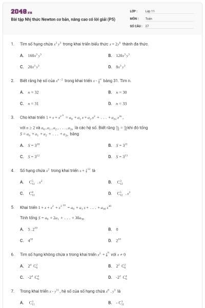 Bài tập Nhị thức Newton cơ bản, nâng cao có lời giải (P5)