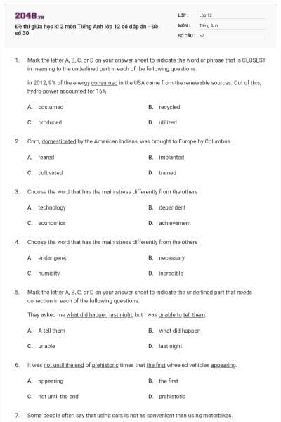 Đề thi giữa học kì 2 môn Tiếng Anh lớp 12 có đáp án - Đề số 30