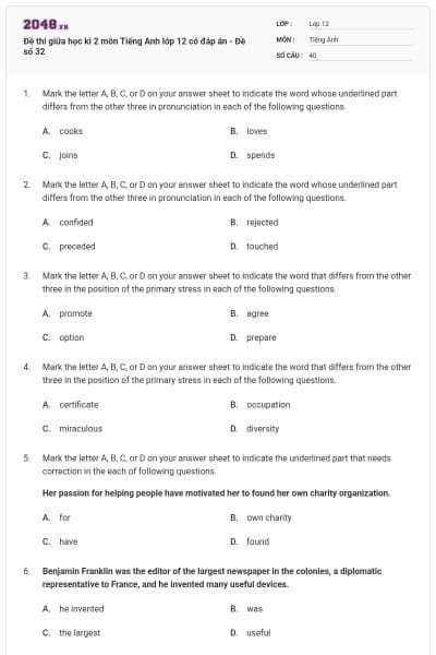 Đề thi giữa học kì 2 môn Tiếng Anh lớp 12 có đáp án - Đề số 32