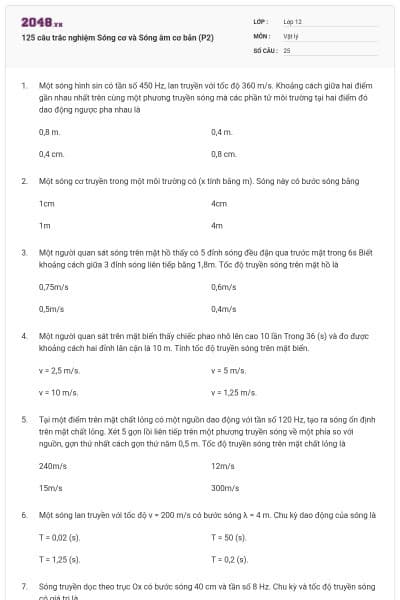 125 câu trắc nghiệm Sóng cơ và Sóng âm cơ bản (P2)