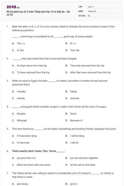 Đề thi giữa học kì 2 môn Tiếng Anh lớp 12 có đáp án - Đề số 35