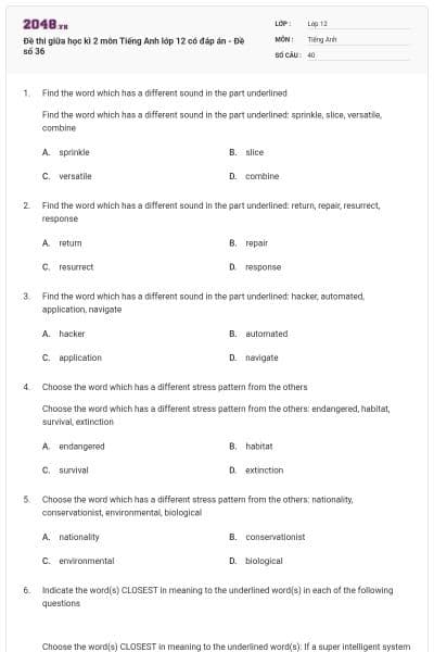 Đề thi giữa học kì 2 môn Tiếng Anh lớp 12 có đáp án - Đề số 36