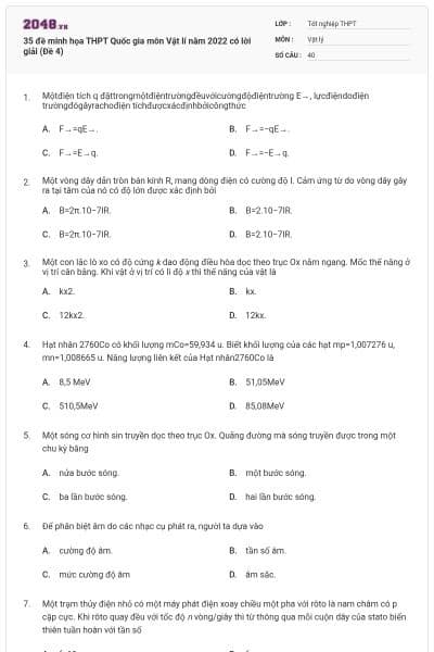 35 đề minh họa THPT Quốc gia môn Vật lí năm 2022 có lời giải (Đề 4)