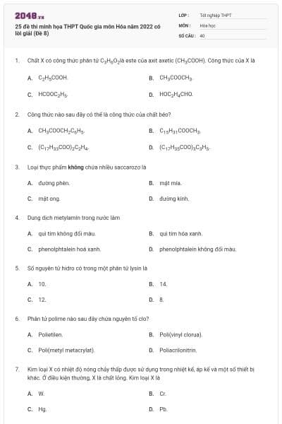 25 đề thi minh họa THPT Quốc gia môn Hóa năm 2022 có lời giải (Đề 8)
