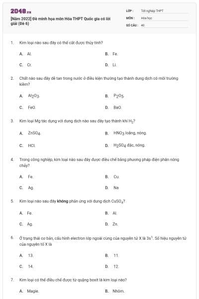 [Năm 2022] Đề minh họa môn Hóa THPT Quốc gia có lời giải (Đề 6)