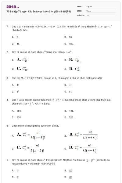 70 Bài tập Tổ hợp - Xác Suất cực hay có lời giải chi tiết(P4)