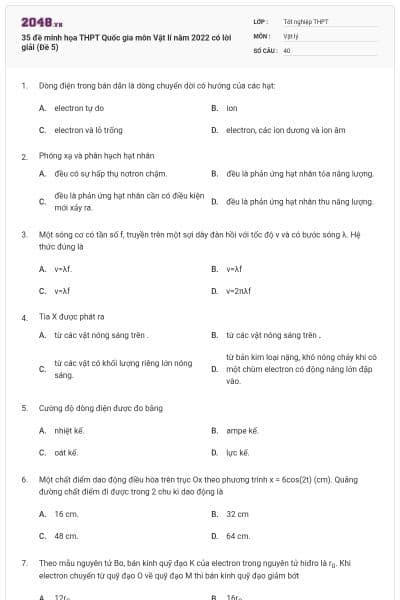 35 đề minh họa THPT Quốc gia môn Vật lí năm 2022 có lời giải (Đề 5)