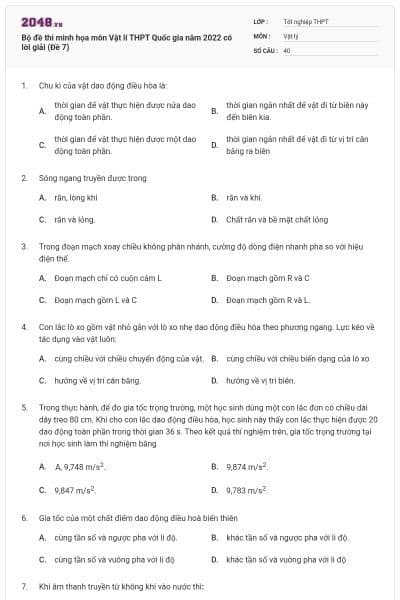 Bộ đề thi minh họa môn Vật lí THPT Quốc gia năm 2022 có lời giải (Đề 7)