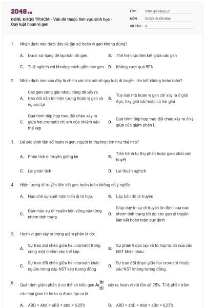 ĐGNL ĐHQG TP.HCM - Vấn đề thuộc lĩnh vực sinh học - Quy luật hoán vị gen