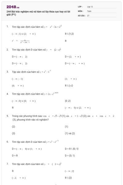244 Bài trắc nghiệm mũ và hàm số lũy thừa cực hay có lời giải (P1)