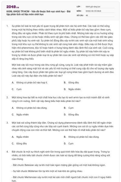 ĐGNL ĐHQG TP.HCM - Vấn đề thuộc lĩnh vực sinh học - Bài tập phân tích số liệu môn sinh học
