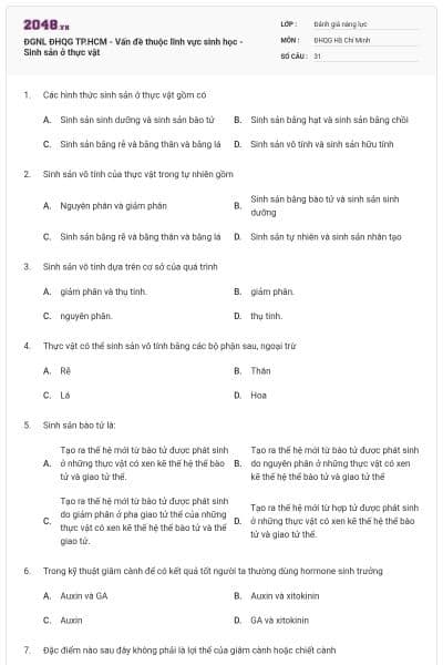 ĐGNL ĐHQG TP.HCM - Vấn đề thuộc lĩnh vực sinh học - Sinh sản ở thực vật