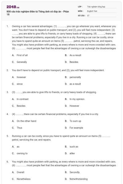 800 câu trắc nghiệm Điền từ Tiếng Anh có đáp án - Phần 18