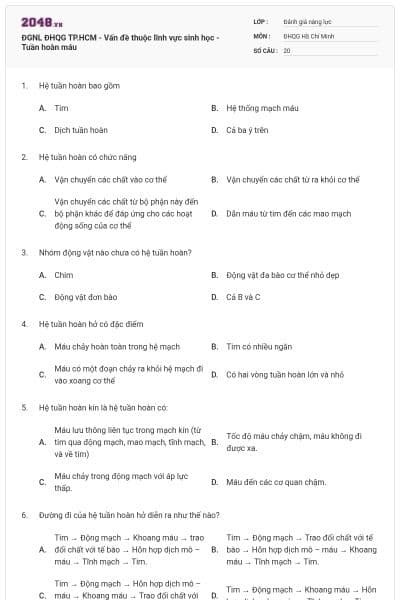 ĐGNL ĐHQG TP.HCM - Vấn đề thuộc lĩnh vực sinh học - Tuần hoàn máu