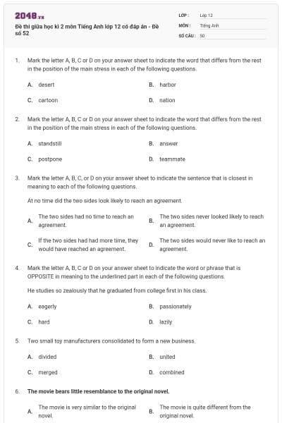 Đề thi giữa học kì 2 môn Tiếng Anh lớp 12 có đáp án - Đề số 52