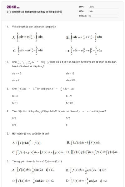 210 câu Bài tập Tích phân cực hay có lời giải (P2)