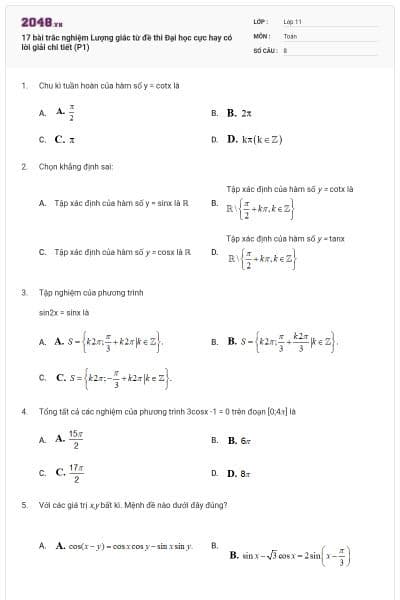 17 bài trắc nghiệm Lượng giác từ đề thi Đại học cực hay có lời giải chi tiết (P1)