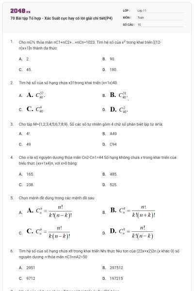 70 Bài tập Tổ hợp - Xác Suất cực hay có lời giải chi tiết(P4)