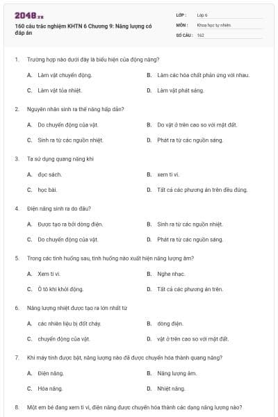 160 câu trắc nghiệm KHTN 6 Chương 9: Năng lượng có đáp án
