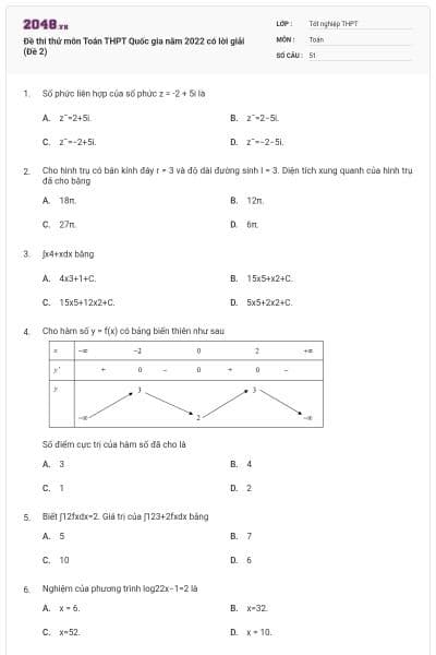 Đề thi thử môn Toán THPT Quốc gia năm 2022 có lời giải (Đề 2)