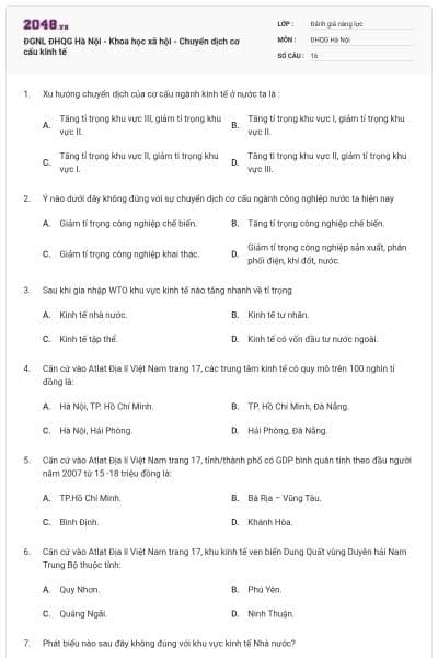 ĐGNL ĐHQG Hà Nội - Khoa học xã hội - Chuyển dịch cơ cấu kinh tế