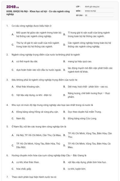 ĐGNL ĐHQG Hà Nội - Khoa học xã hội - Cơ cấu ngành công nghiệp