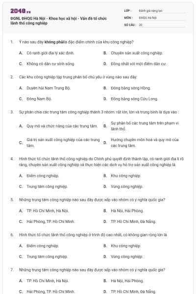 ĐGNL ĐHQG Hà Nội - Khoa học xã hội - Vấn đề tổ chức lãnh thổ công nghiệp