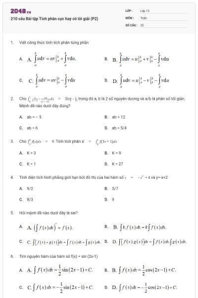 210 câu Bài tập Tích phân cực hay có lời giải (P2)