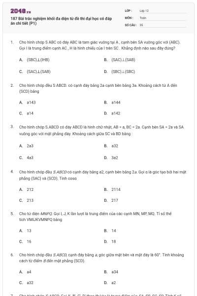 187 Bài trắc nghiệm khối đa diện từ đề thi đại học có đáp án chi tiết (P1)